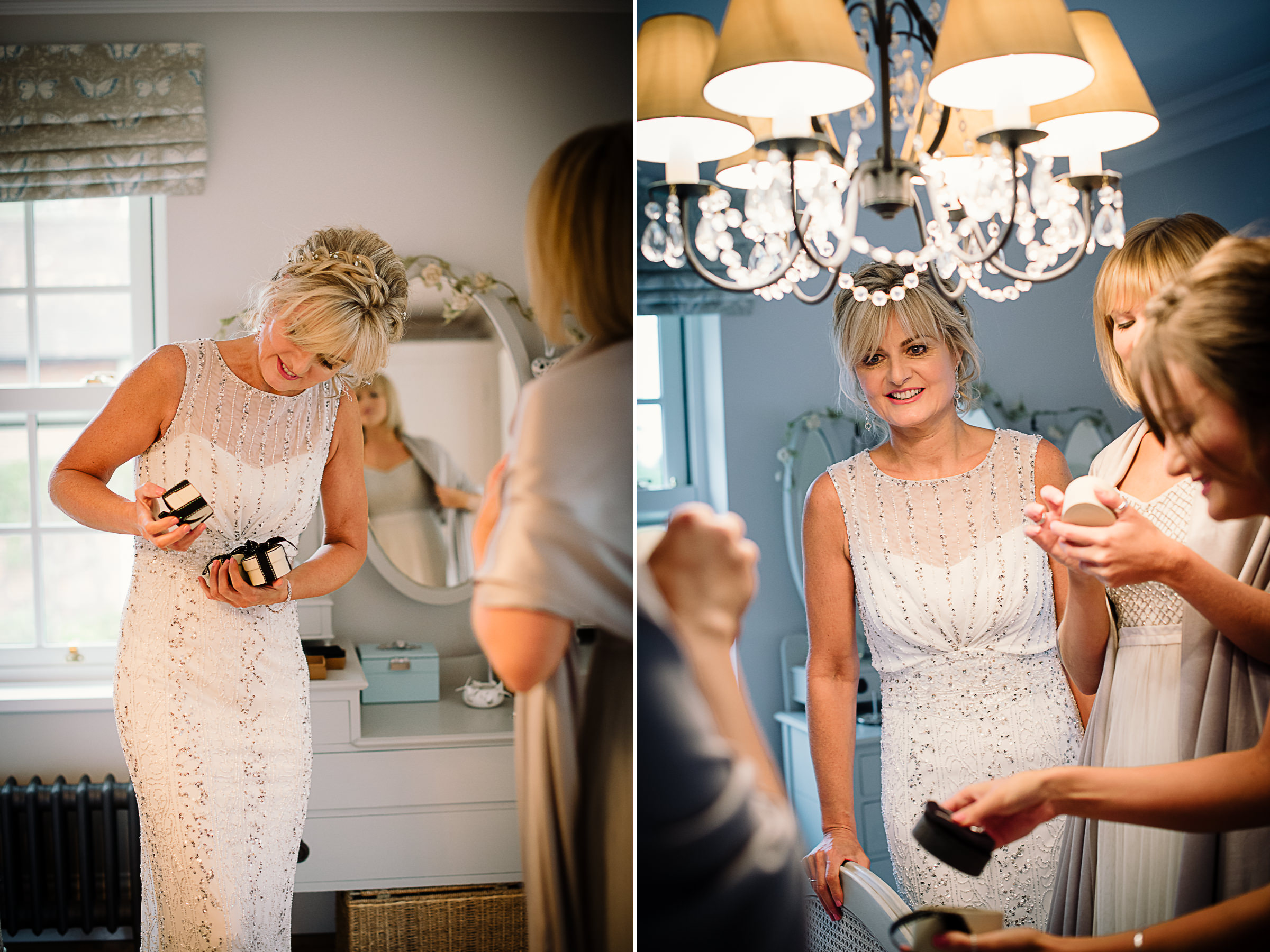 Hertfordshire wedding photographer captures bride giving out presents to bridesmaids