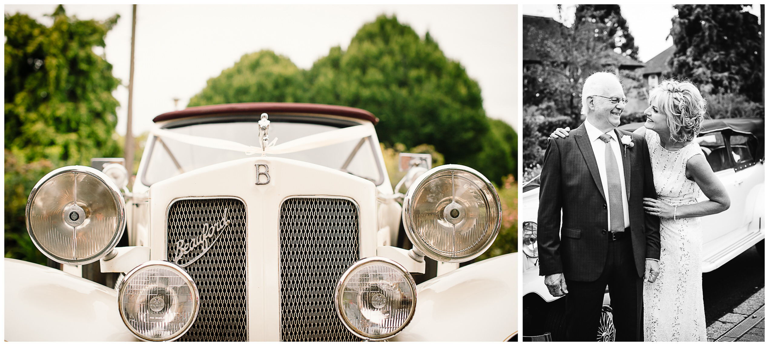 bride and her father make their way to tewin bury farm wedding in their vintage car