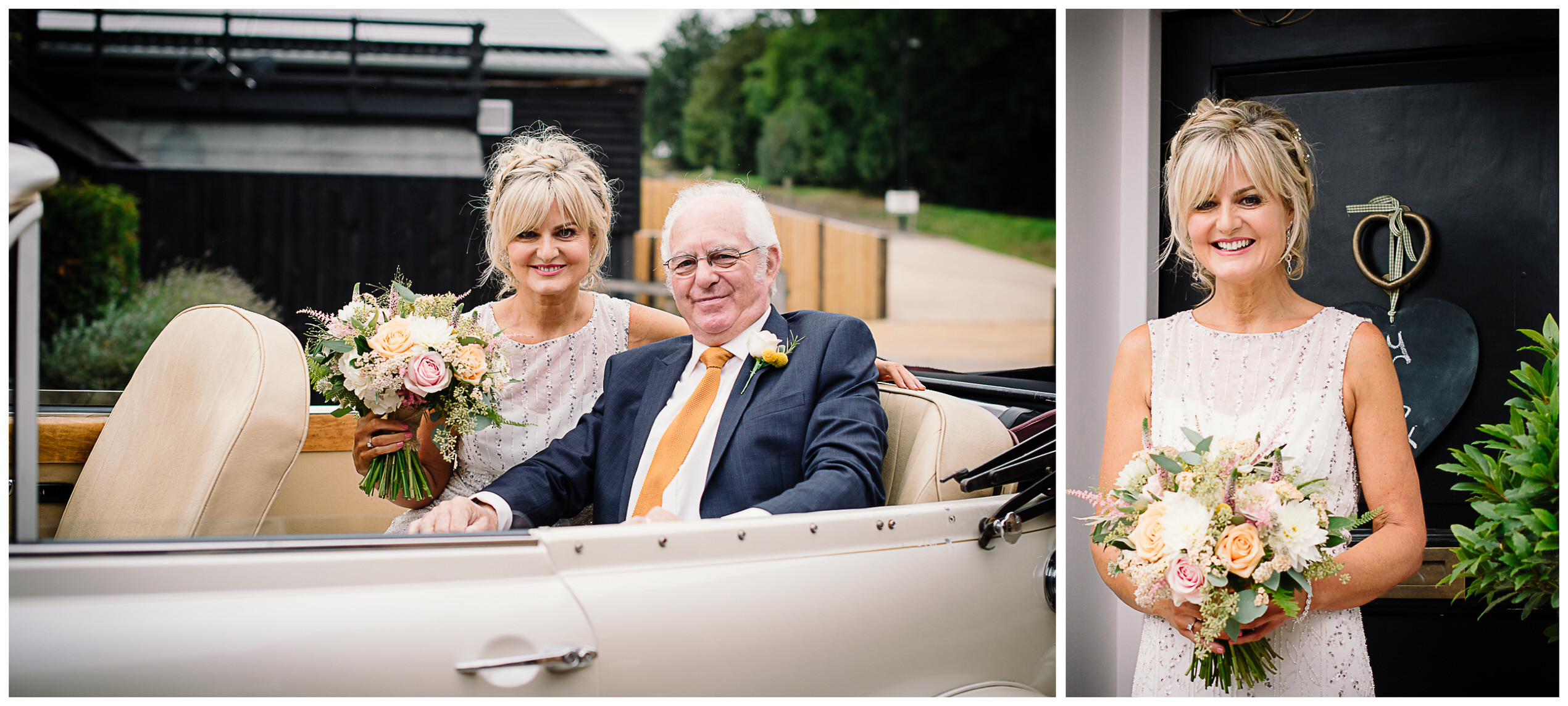 bride and her father arrive at tewin bury farm hotel wedding 