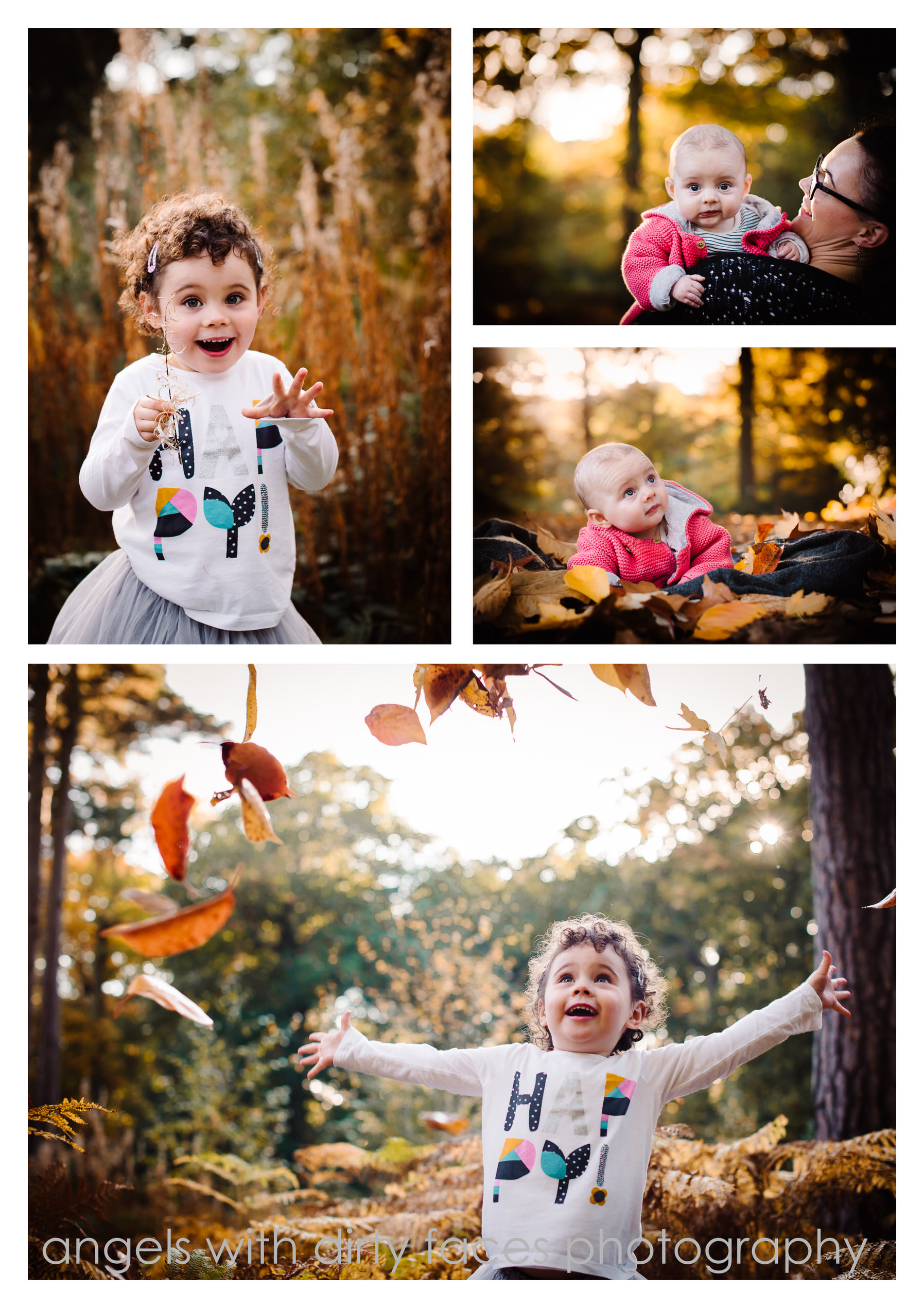 collage of moments including leaf throwing during baby and child photoshoot
