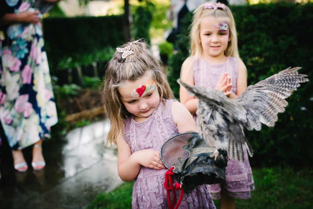 children at a Hertfordshire wedding with birds of prey