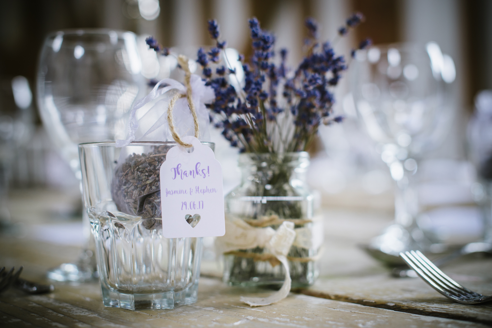 Lavender table arrangement at Milling Barn