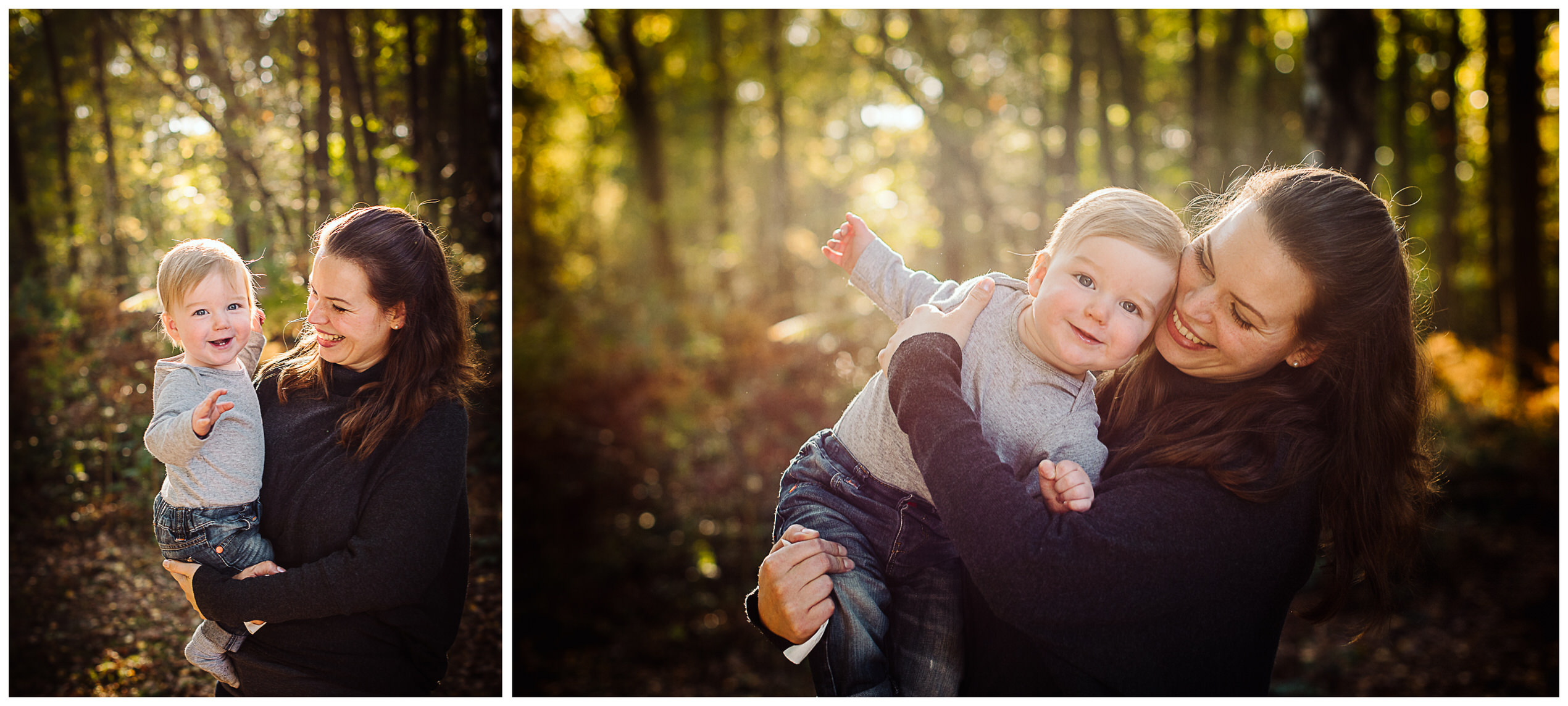 Mother and child laugh in the woods during their hertfordshire family photo shoot