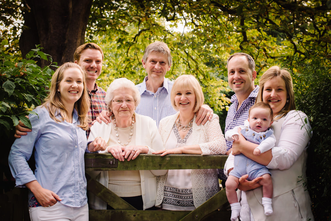 Group shot of 4 generations in stunning green parkland in St Albans.