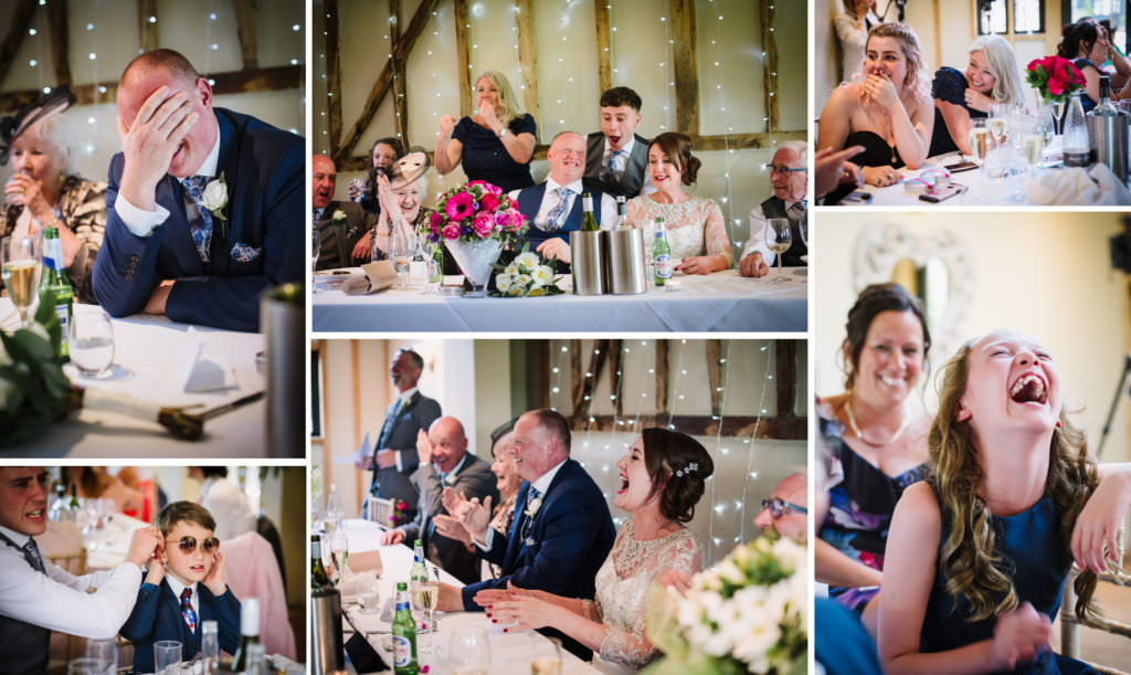 guests watch the fa cup final and listen to the best mans speech laughing Hertfordshire wedding photographer