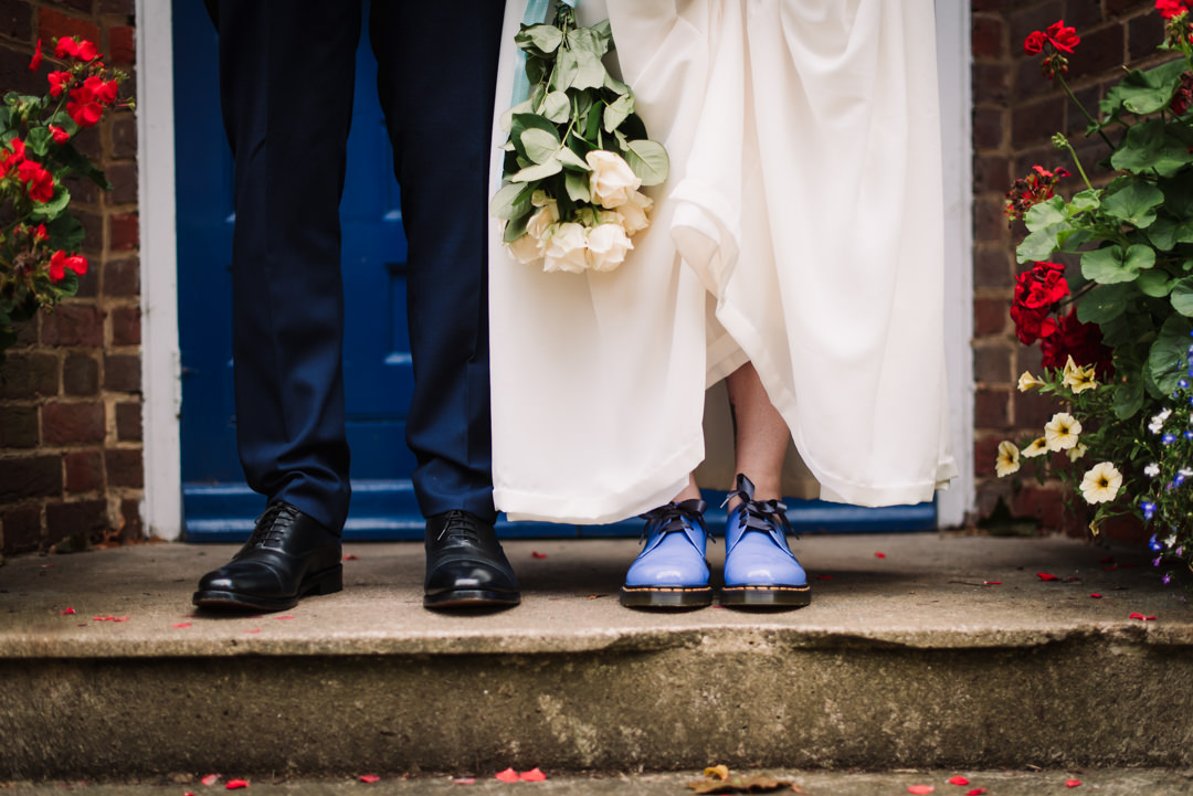 close up of blue shoes chosen by bride for her welwyn garden city wedding