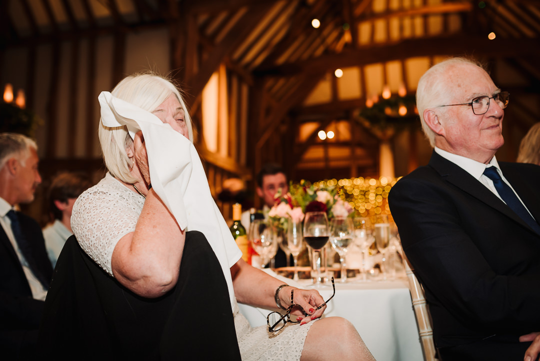 brides grandmother cries at the wedding speeches