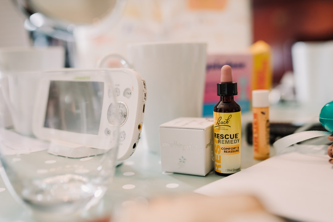 a bottle of rescue remedy sit on the table ready for use before harpenden wedding photography