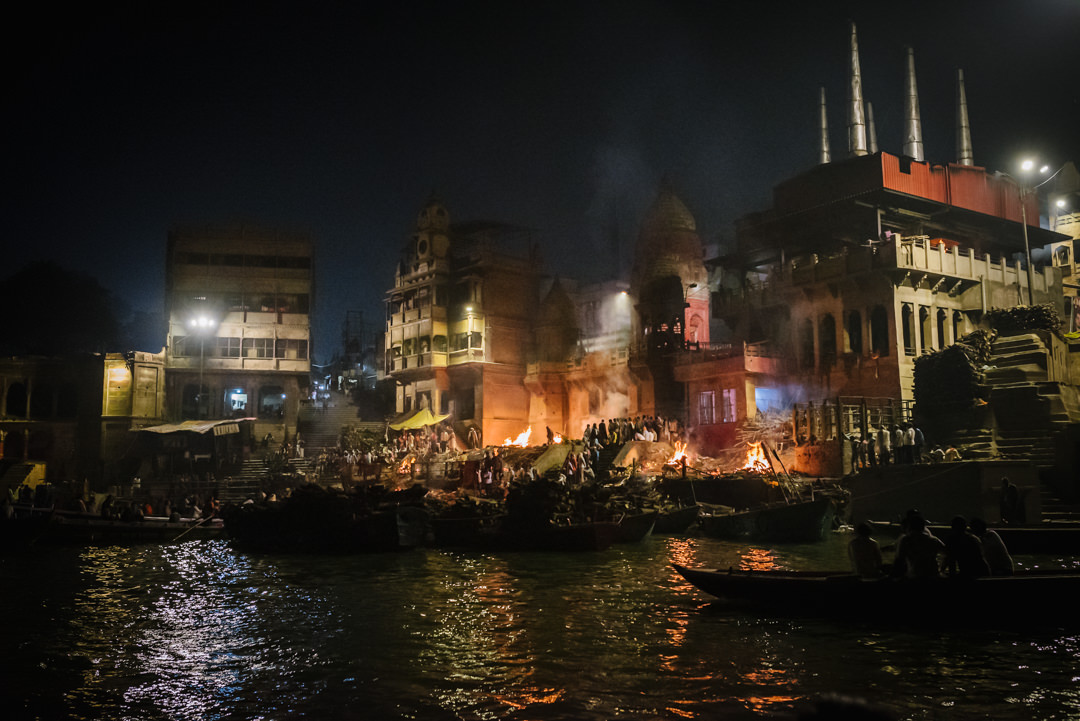 burning ghats photographed from the river ganges, varanasi india