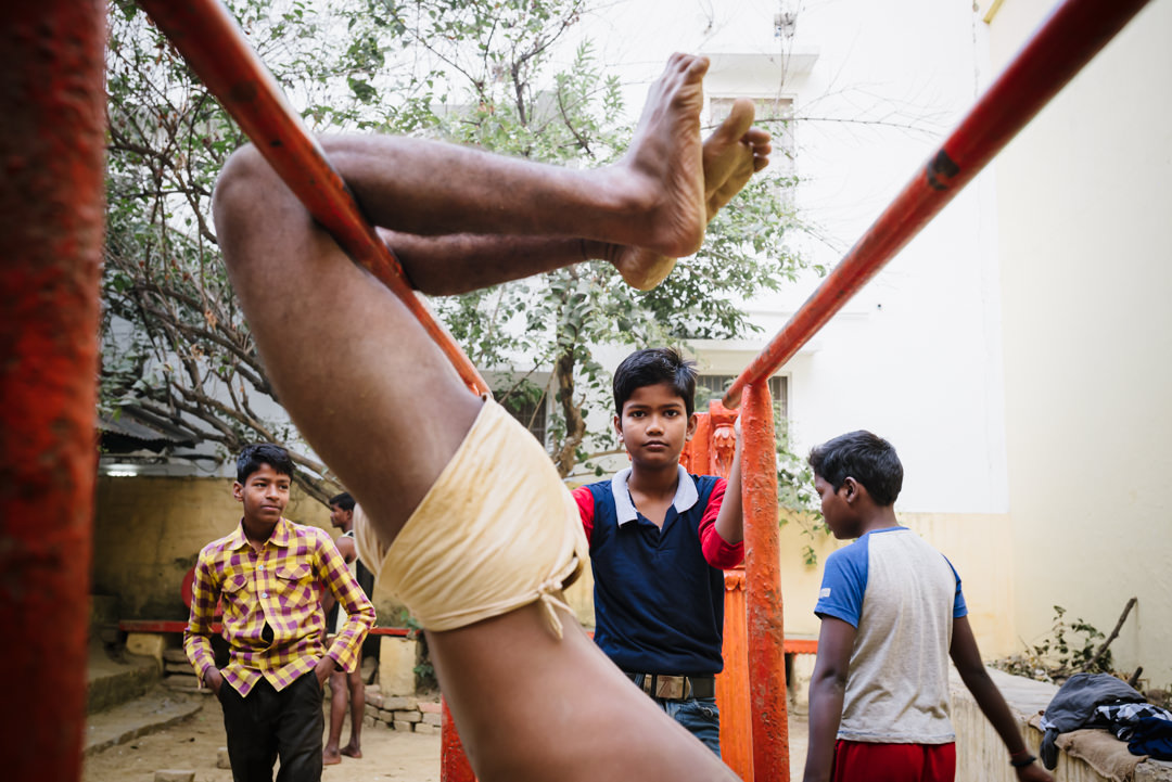 indian kids play at the gym in varanasi india