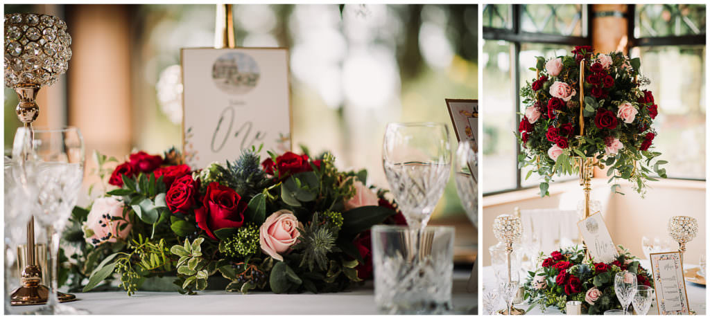 close up of table arrangements and flowers at hertfordshire wedding