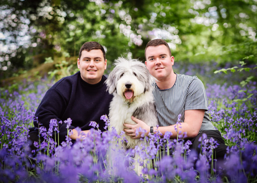 Hertfordshire family with their dog in the bluebell woods