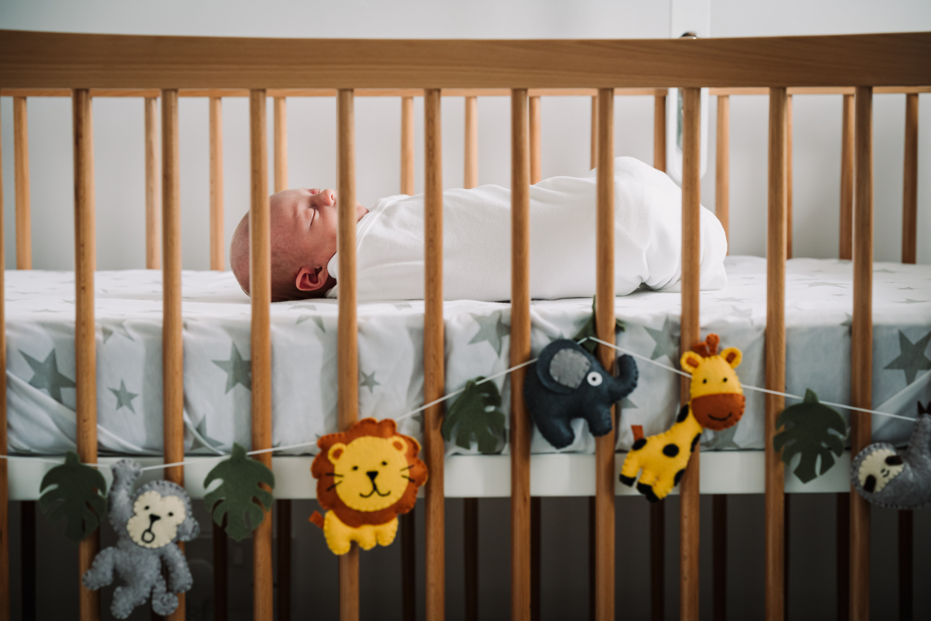 Newborn baby sleeps in her cot amongst soft toys