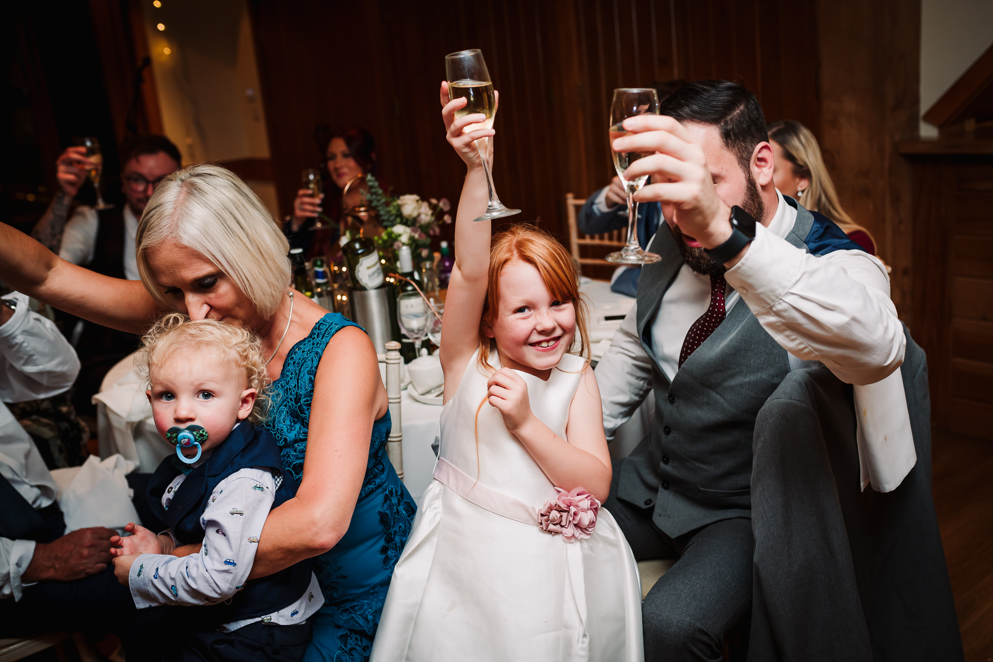 guests say cheers at Tewin Bury Farm Hotel Wedding