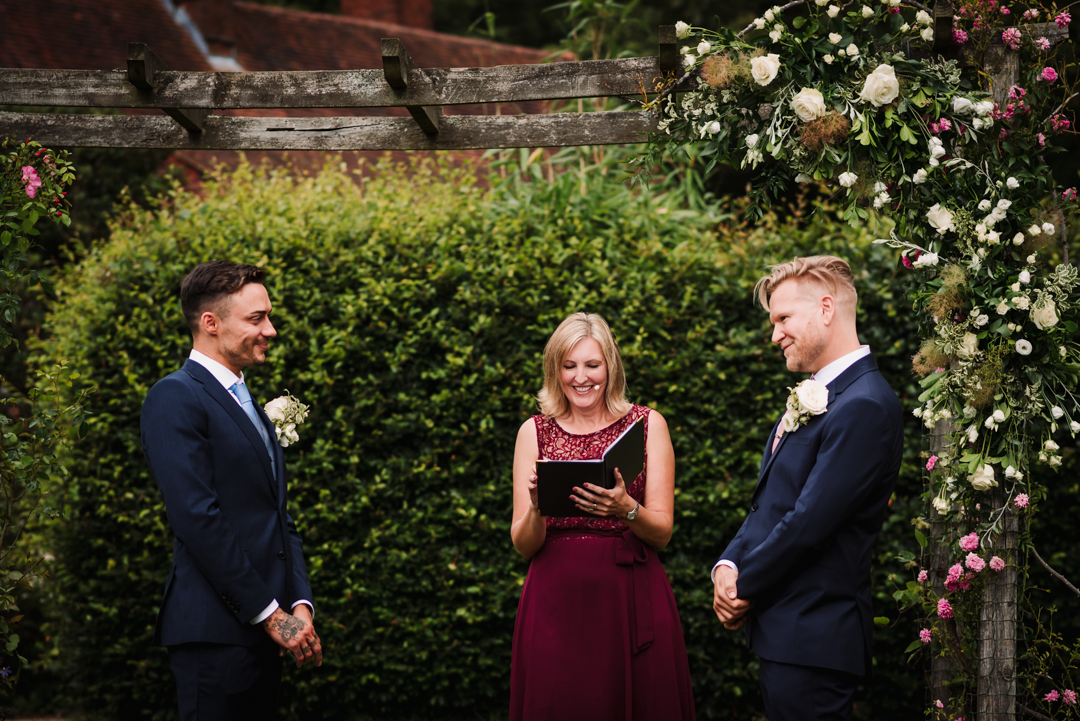 A celebrant led wedding ceremony evokes emotion in the two grooms at their same sex wedding