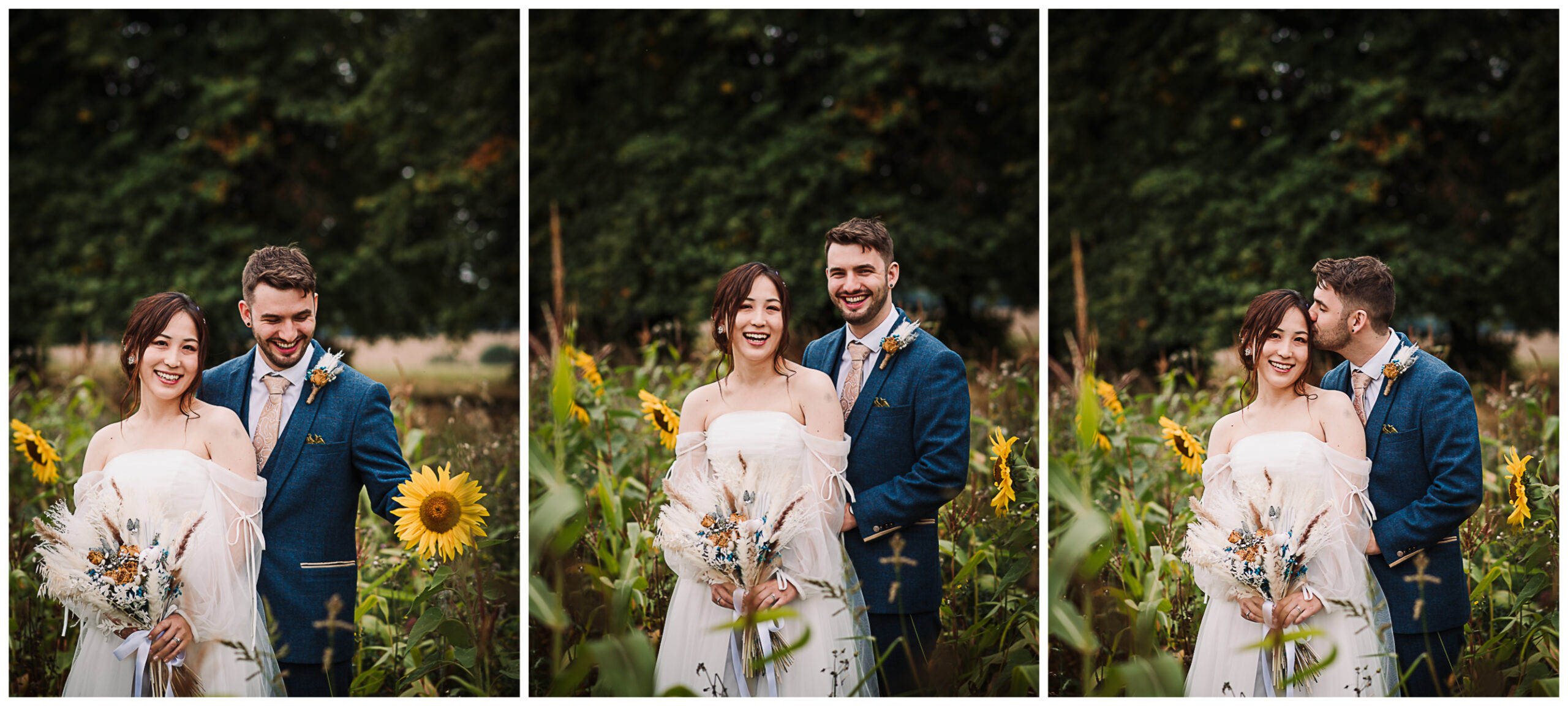 Bride and groom photographed in a Hertfordshire field of sunflowers