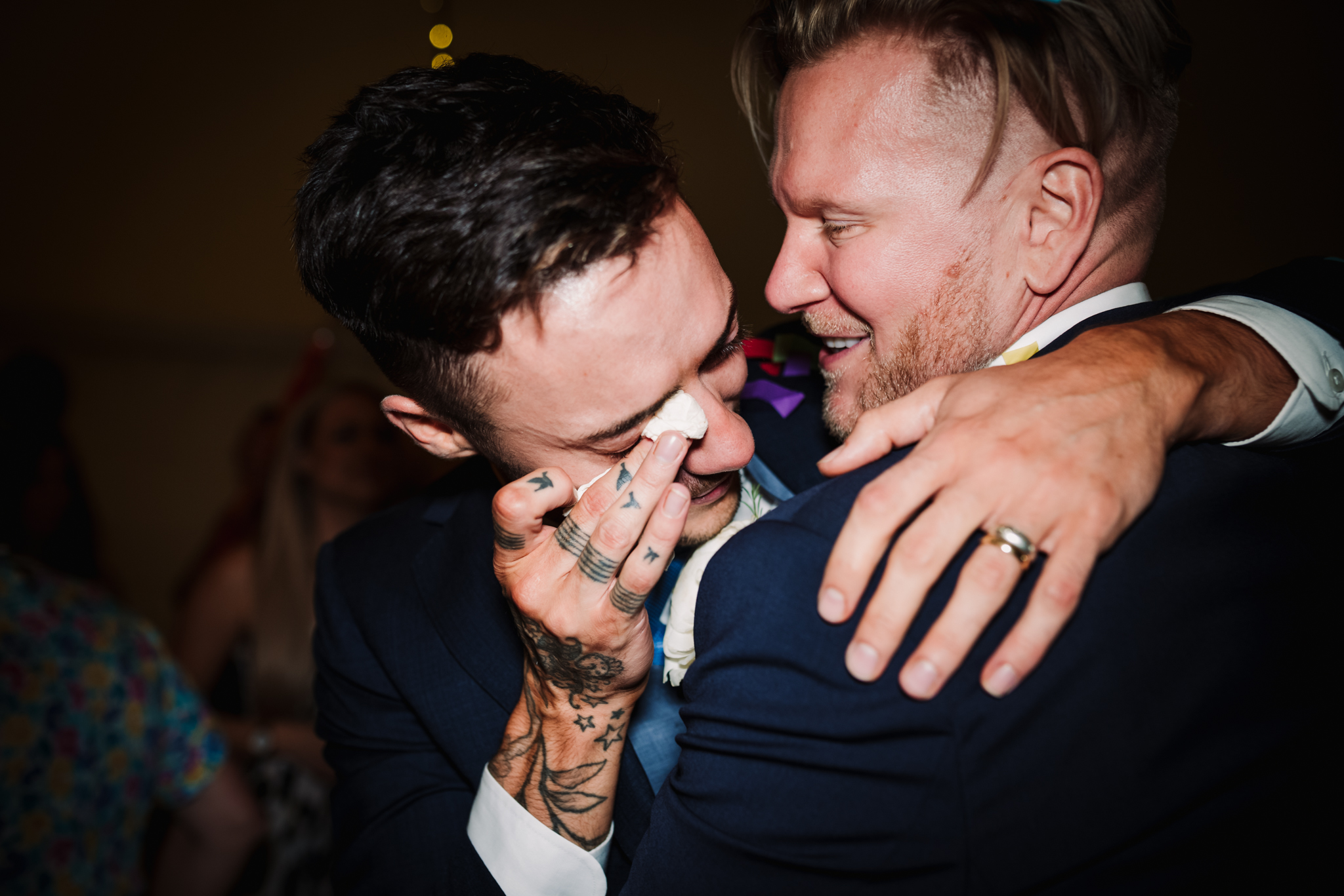 Groom and groom shed a tear at their same sex Hertfordshire wedding