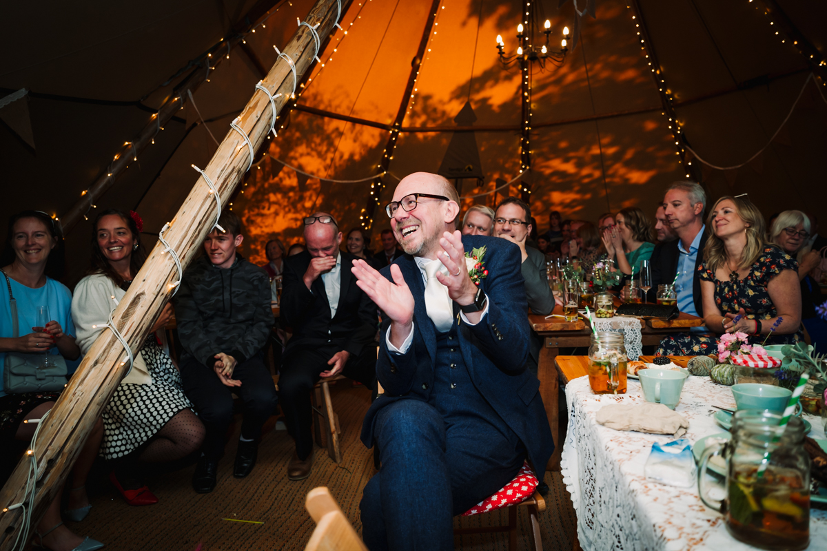 Groom cheers his new wifes speech at Rowley Barn