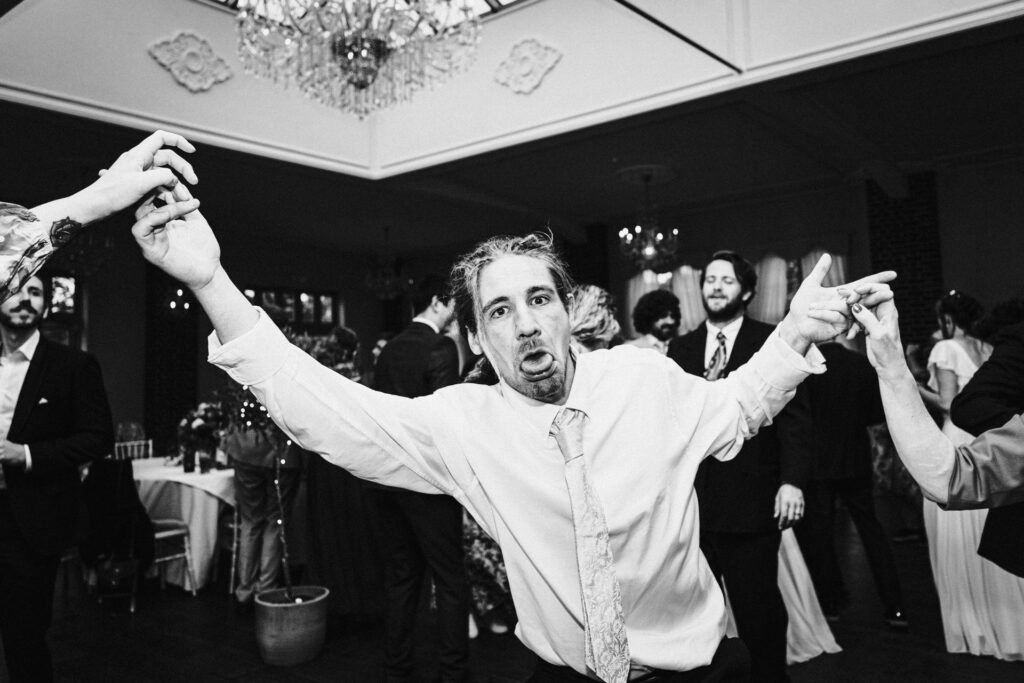wedding guests dance to the band at Offley Place