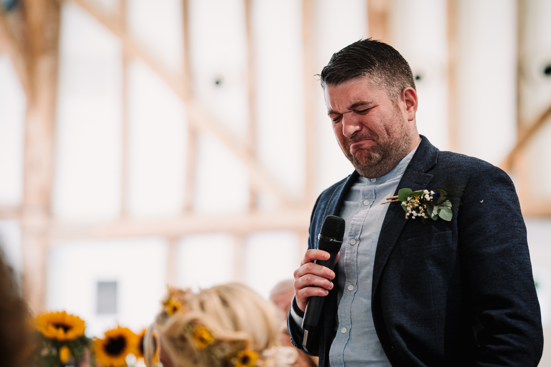 groom is over come with emotion during speeches at south farm wedding venue in Hertfordshire